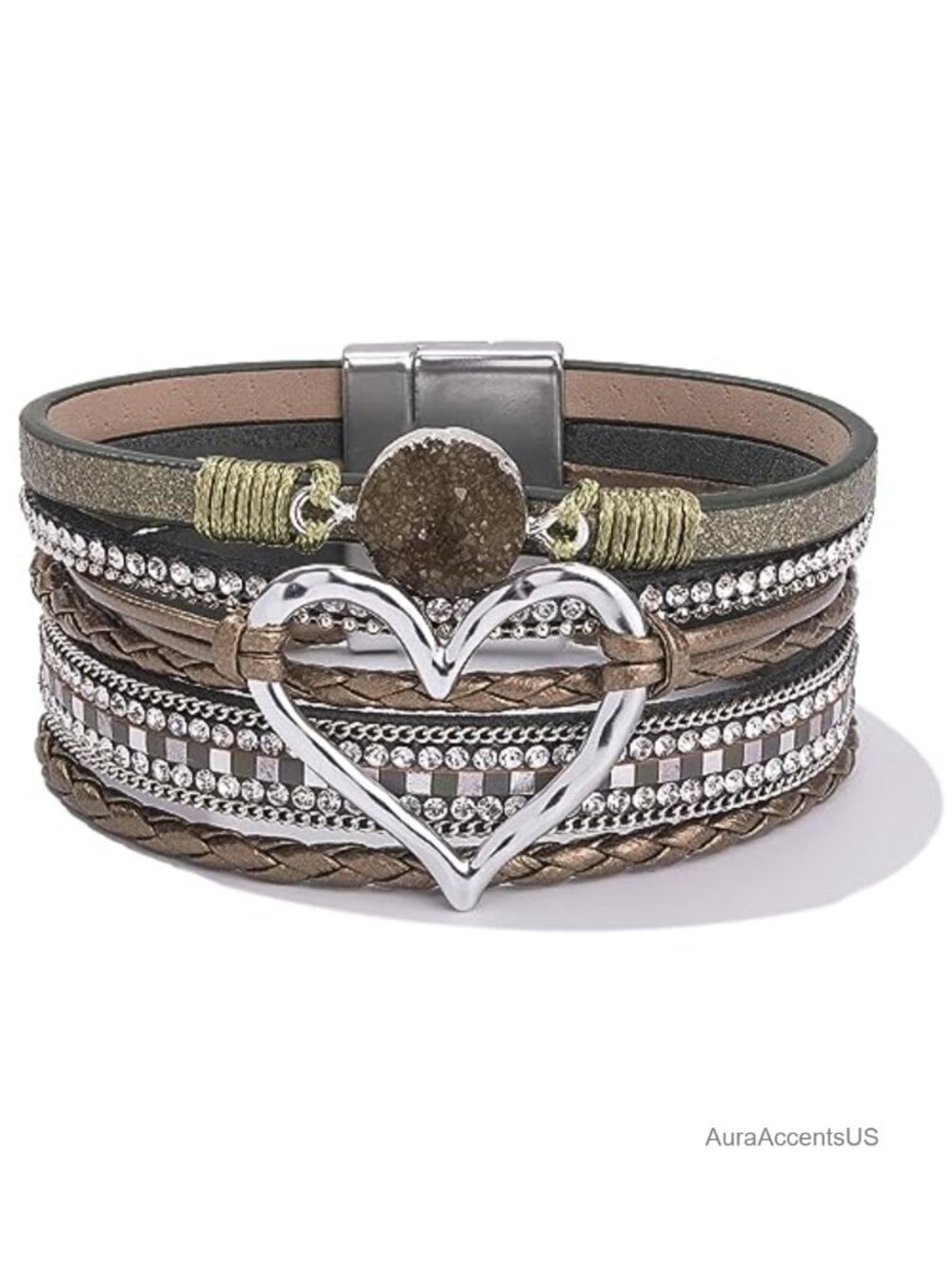Chunky Heart Faux Leather Wrap Bracelet Boho Stackable Magnetic Clasp Cuff